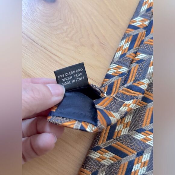 Vintage Brocade ERMENEGILDO ZEGNA Navy Orange Chevron Men's Silk Luxury Neck Tie - Picture 5 of 5
